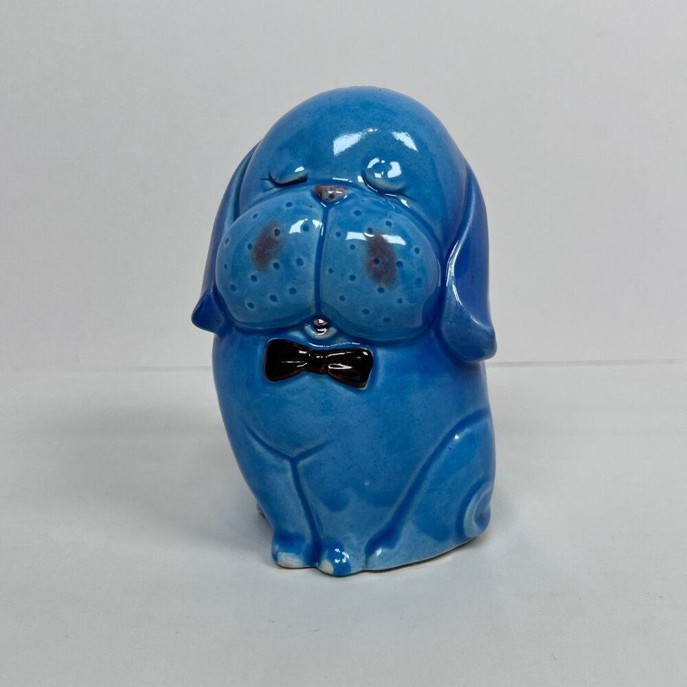 Vintage‎ Coin Bank Dog Blue Smiling Puppy Bowtie Japan Ceramic 5.5" Money